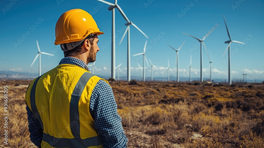 A worker in a yellow safety helmet and vest observes wind turbines in a vast landscape, reflecting on renewable energy initiatives and sustainable practices A worker in a yellow safety helmet and vest observes wind turbines in a vast landscape, reflecting on renewable energy initiatives and sustainable practices