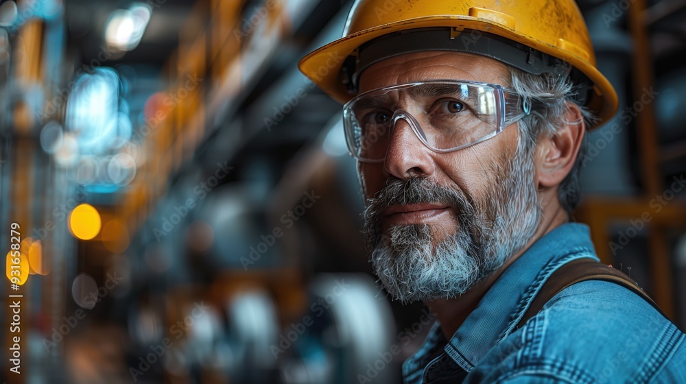 Close-up portrait of a senior engineer wearing a hard hat and safety glasses, standing in a hydroelectric facility, reflecting experience and expertise. Close-up portrait of a senior engineer wearing a hard hat and safety glasses, standing in a hydroelectric facility, reflecting experience and expertise.