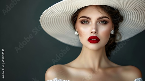 Elegant Lady in White Hat with Red Lips Make up Fashion Woman in Luxury Evening Dress over Black Beautiful Model in Big Wide Brimmed Hat and Wedding Gown : Generative AI