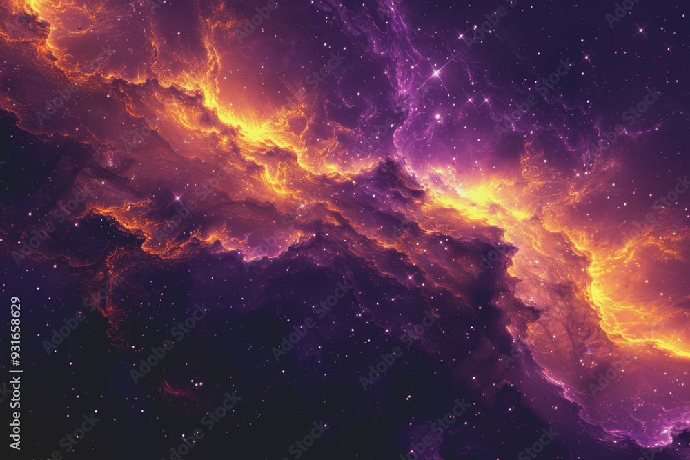 Fototapeta premium A mesmerizing neon yellow and purple galaxy filled with stars in the sky. on a black background.