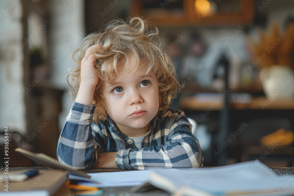 Cute little boy struggling with his study or homework. Cute little boy struggling with his study or homework.