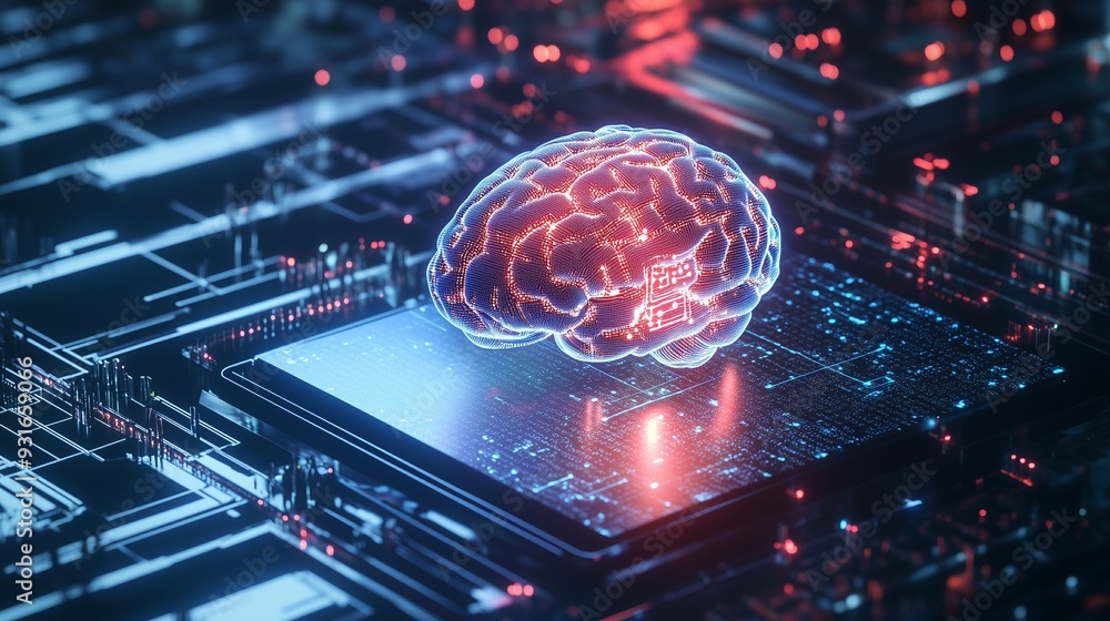 Obraz premium Big data and artificial intelligence concept. Human brain glowing from processor, symbolizing the fusion of human intelligence and machine learning capabilities. Evolution of technology of data. 