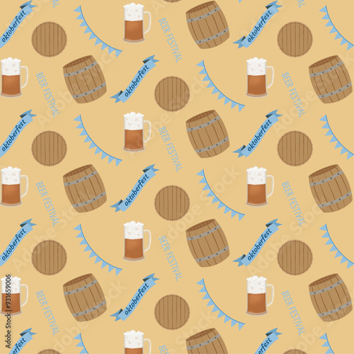 Oktoberfest seamless pattern. Wooden round barrel bottom and beer keg on beige. Beer mug and flags on ribbon. Ribbon scroll and text beer festival. Print for packaging and wrapping paper. Vector.