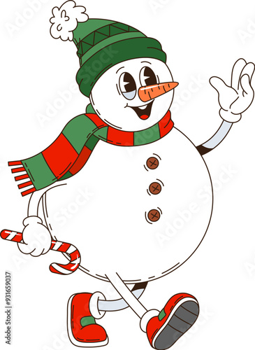 Retro groovy Christmas snowman character with a green hat and scarf, holding a candy cane. Isolated cartoon vector snowman is waving and smiling, embodying joyful spirit of the winter holiday season