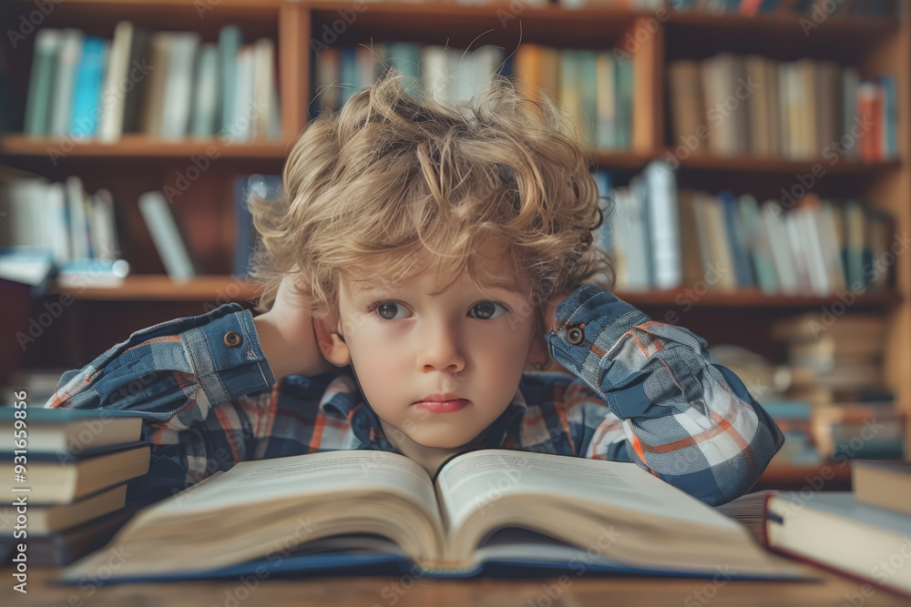 Cute little boy struggling with his study or homework. Cute little boy struggling with his study or homework.