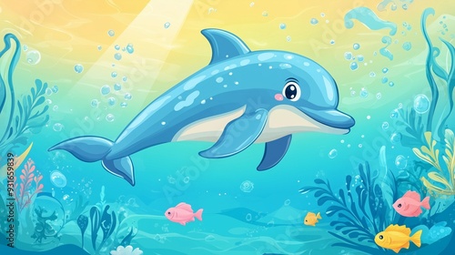 Cute colorful baby Dolphin print illustration, nature and ocean background 