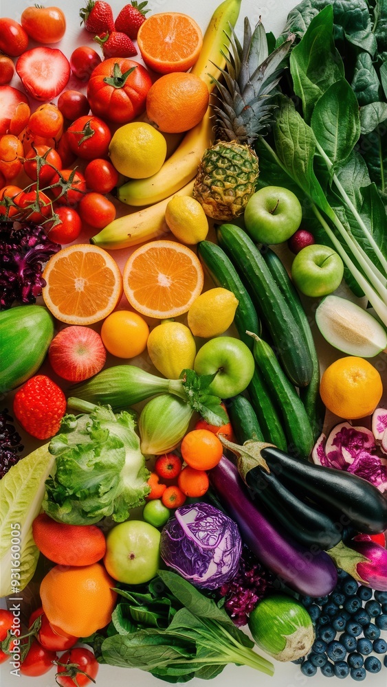 Vibrant selection of fresh fruits and vegetables, healthy eating, colorful produce variety on white background Vibrant selection of fresh fruits and vegetables, healthy eating, colorful produce variety on white background