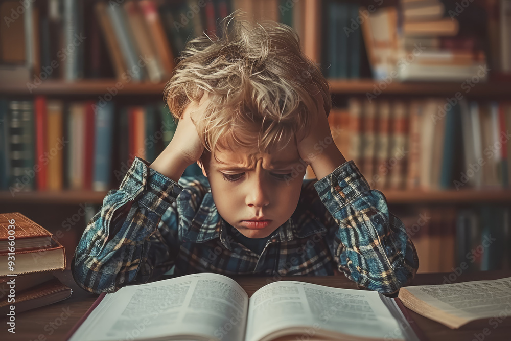 Cute little boy struggling with his study or homework. Cute little boy struggling with his study or homework.