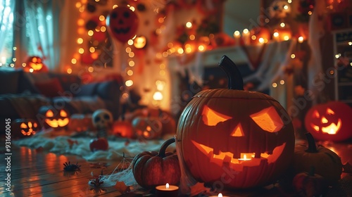 Interior of spacious room in house which is decorated with decorations in Halloween style Room for Halloween party is decorated with pumpkins lanterns cobwebs spiders balloons and skel : Generative AI photo