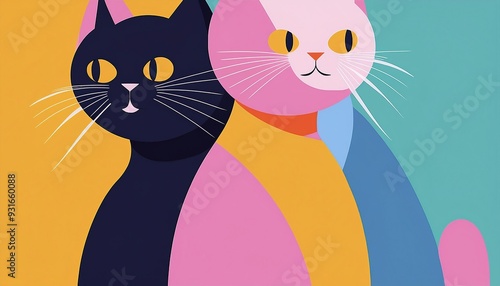 Colorful abstract illustration of two whimsical cats in modern art style photo