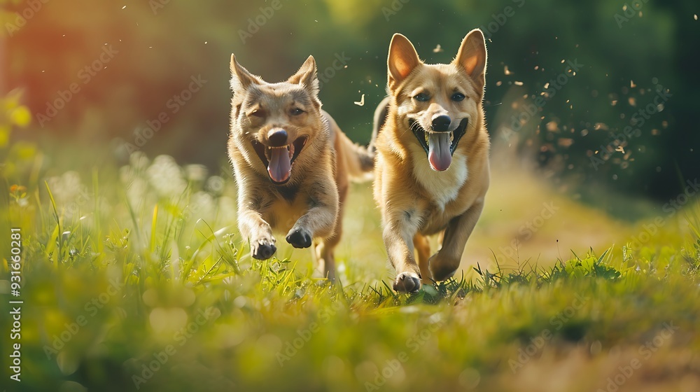 cute domestic cat and dog run together and quickly across the spring meadow cute domestic cat and dog run together and quickly across the spring meadow