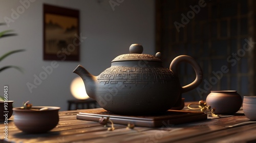 Traditional Chinese tea pot on a wooden table in a minimal interior accompanied by pottery cups and ambient lighting photo