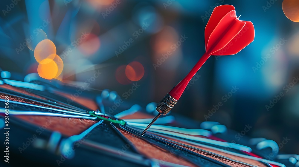 Dart arrow on center of dartboard metaphor to target success winner concept competitive advantage strategic marketing concept Dart arrow on center of dartboard metaphor to target success winner concept competitive advantage strategic marketing concept