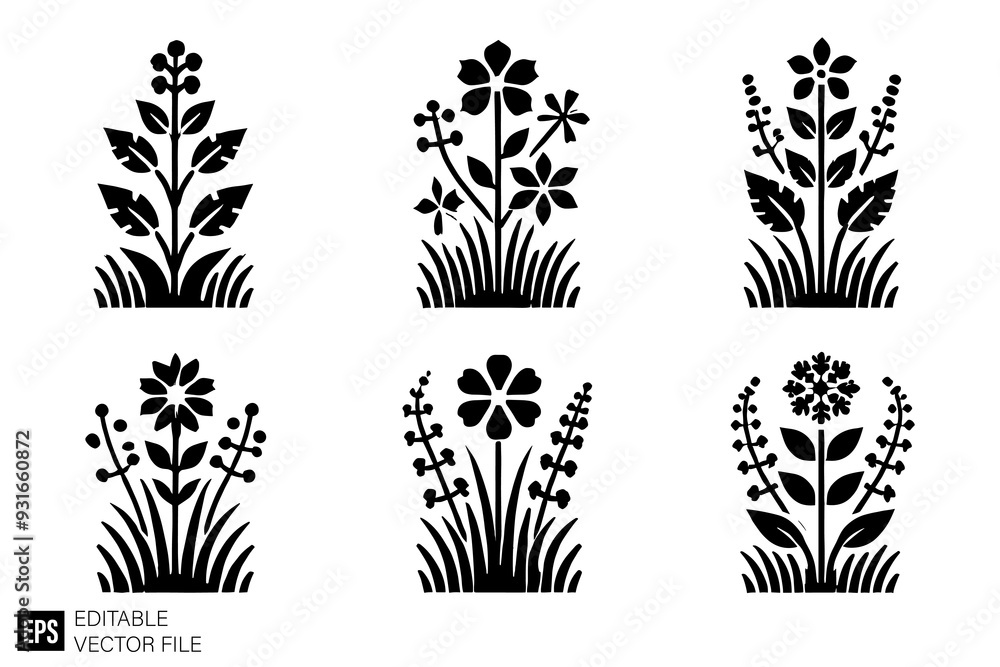 set of flower vector illustration black and white silhouette graphic design template set of flower vector illustration black and white silhouette graphic design template