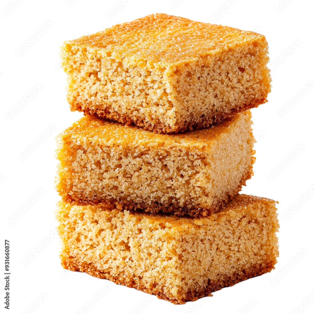 A stack of freshly baked cornbread squares with crumbly texture and golden edges isolated on transparent background A stack of freshly baked cornbread squares with crumbly texture and golden edges isolated on transparent background