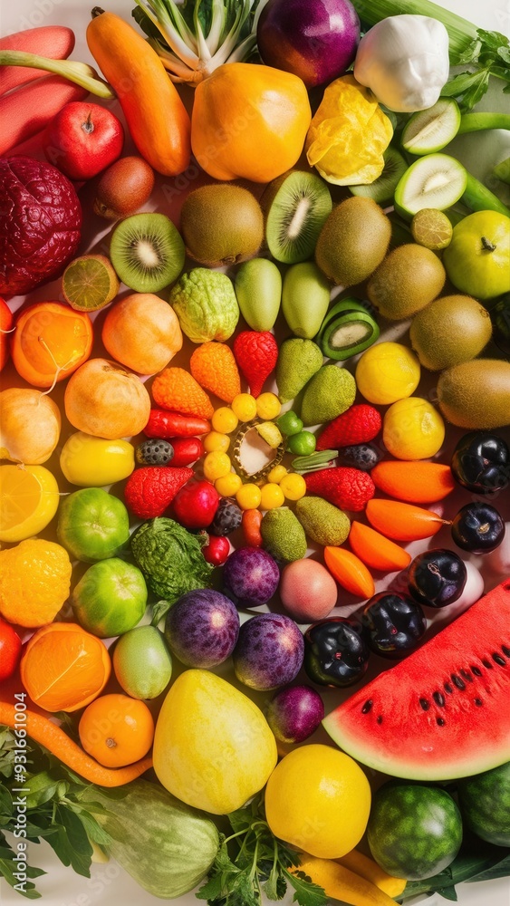 Vibrant selection of fresh fruits and vegetables, healthy eating, colorful produce variety on white background Vibrant selection of fresh fruits and vegetables, healthy eating, colorful produce variety on white background