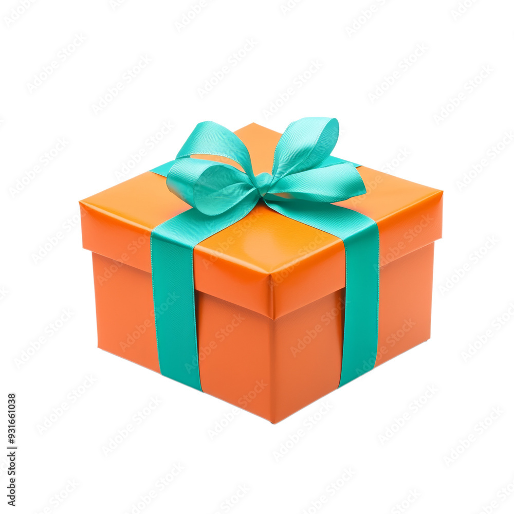 Bright orange gift box with a glossy finish and a turquoise ribbon perfectly aligned isolated on a transparent background Bright orange gift box with a glossy finish and a turquoise ribbon perfectly aligned isolated on a transparent background