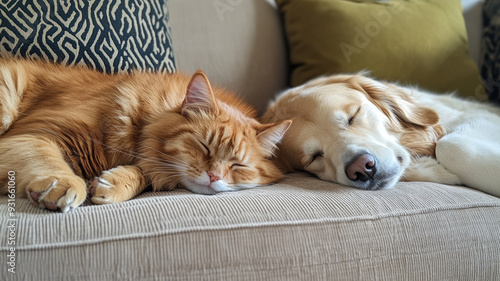 Wallpaper Mural A professional portrait of a cat and Golden Retriever sleeping together on a sofa, showcasing their peaceful expressions in a cozy, light-colored room with olive textiles. Torontodigital.ca
