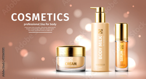 Cosmetic product templates, body milk, serum and cream package realistic 3d vector mockups. Elegant for skincare and beauty advertising banner, showcasing luxury packaging with a soft bokeh background