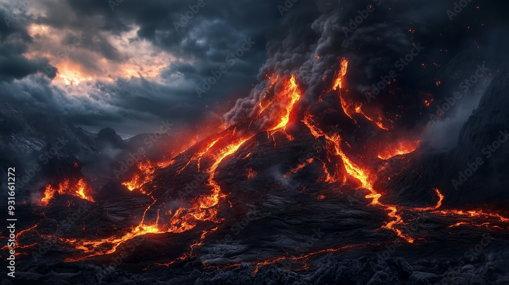 A dramatic volcanic eruption with lava flows and ash clouds against a dark, ominous sky A dramatic volcanic eruption with lava flows and ash clouds against a dark, ominous sky