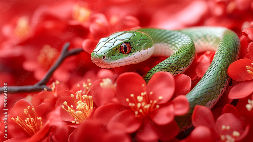A green snake on a background of Chinese fabric. A green snake on a background of Chinese fabric.
