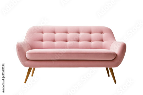 Contemporary blush pink sofa front view with rounded corners and mid century style legs isolated on transparent background  photo