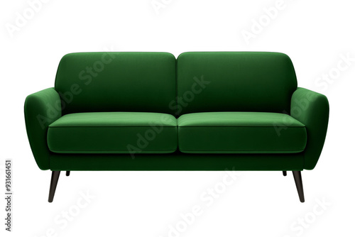 Dark emerald green contemporary sofa front view with smooth upholstery and clean lines isolated on transparent background 