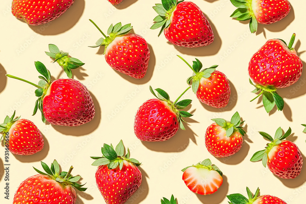 A realistic seamless pattern of fresh red strawberries on a light background. The berries are vivid and juicy, arranged in a lively, repeating tile that exudes summer vibes. A realistic seamless pattern of fresh red strawberries on a light background. The berries are vivid and juicy, arranged in a lively, repeating tile that exudes summer vibes.