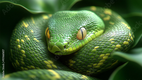 A green snake on a background of Chinese fabric.