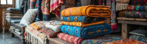 Several blankets are stacked on a shelf in a store