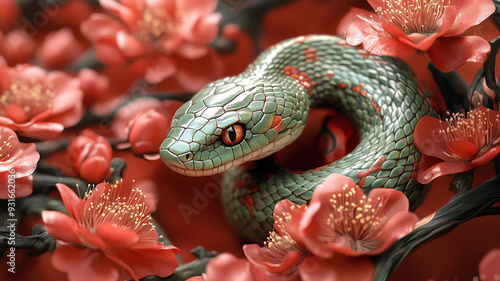 A green snake on a background of Chinese fabric.