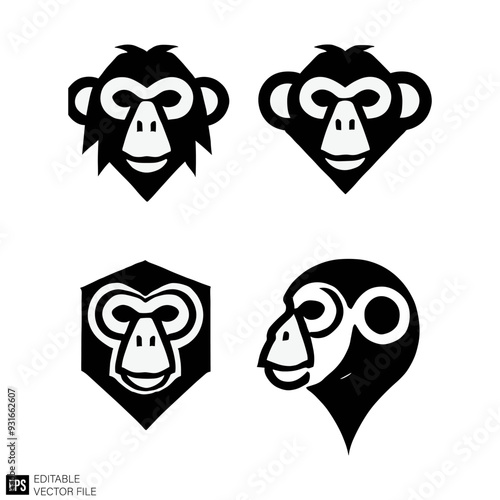 set of monkey ape head vector illustration black and white silhouette graphic design template