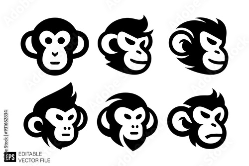set of monkey ape head vector illustration black and white silhouette graphic design template