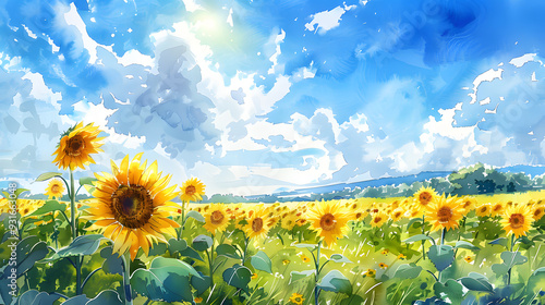 A vibrant watercolor painting of a sunflower field on a sunny day, with bright yellow flowers facing the sun, a clear blue sky above, and a few clouds drifting by.