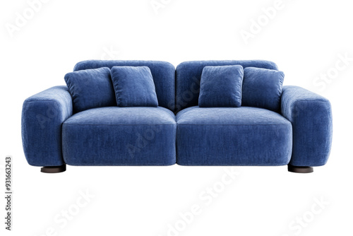 Soft powder blue sofa front view with large fluffy cushions and boxy frame isolated on transparent background 
