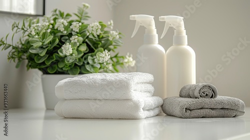 Towels and spray bottles are sitting on a counter next to a potted plant, cleaning service