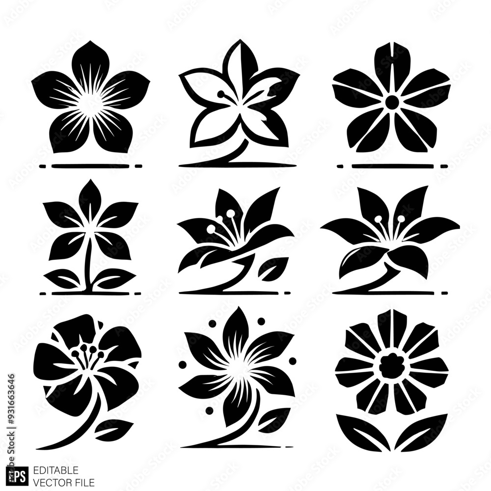 set of plant and flower vector illustration black and white silhouette graphic design template set of plant and flower vector illustration black and white silhouette graphic design template