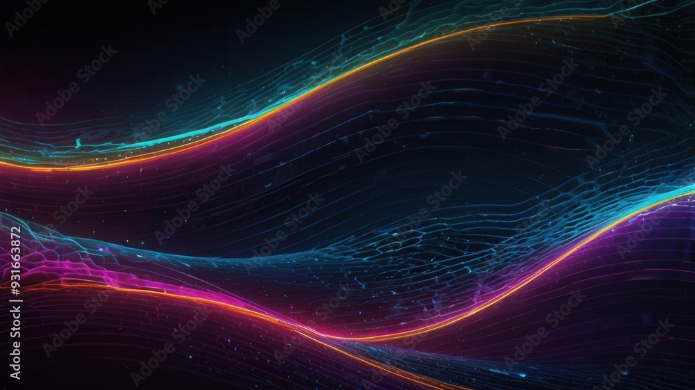 Fototapeta premium Abstract Neon Light Waves with Colorful Smoke on Dark Background - Futuristic Digital Art Design