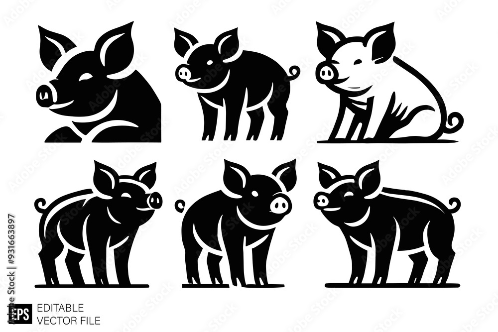 Obraz premium set of pig vector illustration black and white silhouette graphic design template