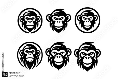 set of monkey ape head vector illustration black and white silhouette graphic design template