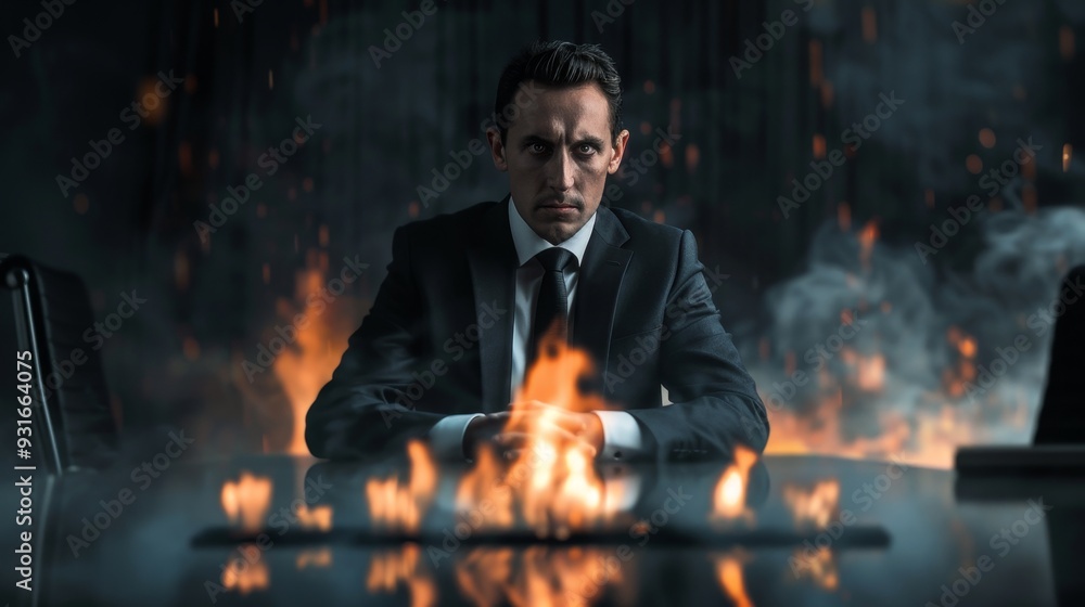 Businessman in suit sitting in front of fire Businessman in suit sitting in front of fire