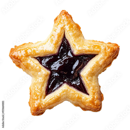 Top view of a Finnish joulutorttu star shaped pastry with prune jam center and golden flaky crust isolated on transparent background  photo