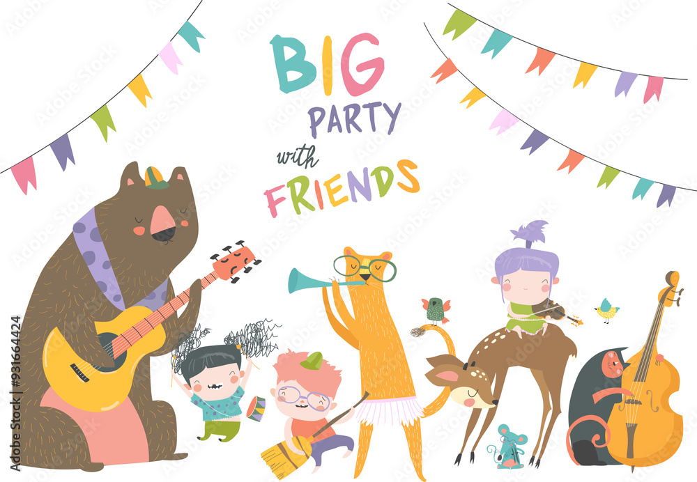 Fototapeta premium Birthday card with cute animals and kids playing the musical instruments