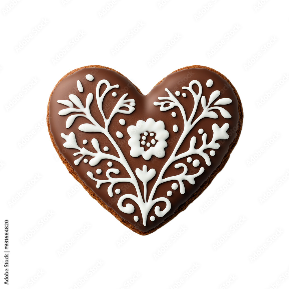 Top view of a chocolate covered gingerbread heart with transparent icing details isolated on transparent background Top view of a chocolate covered gingerbread heart with transparent icing details isolated on transparent background