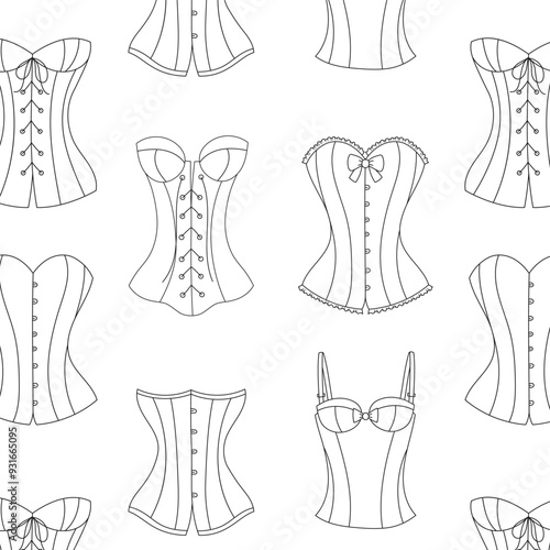 Vintage and modern corsets collection, vector seamless pattern line background.