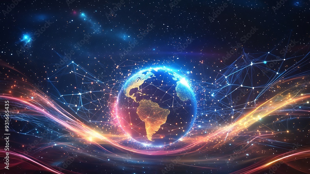 Fototapeta premium A glowing earth with digital network connections and energy waves.