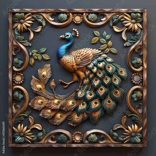 Wallpaper Mural Art nouveau artistic image of peacock in a round shape,Luxurious peacock with an open tail,magnificent realistic peacock Torontodigital.ca