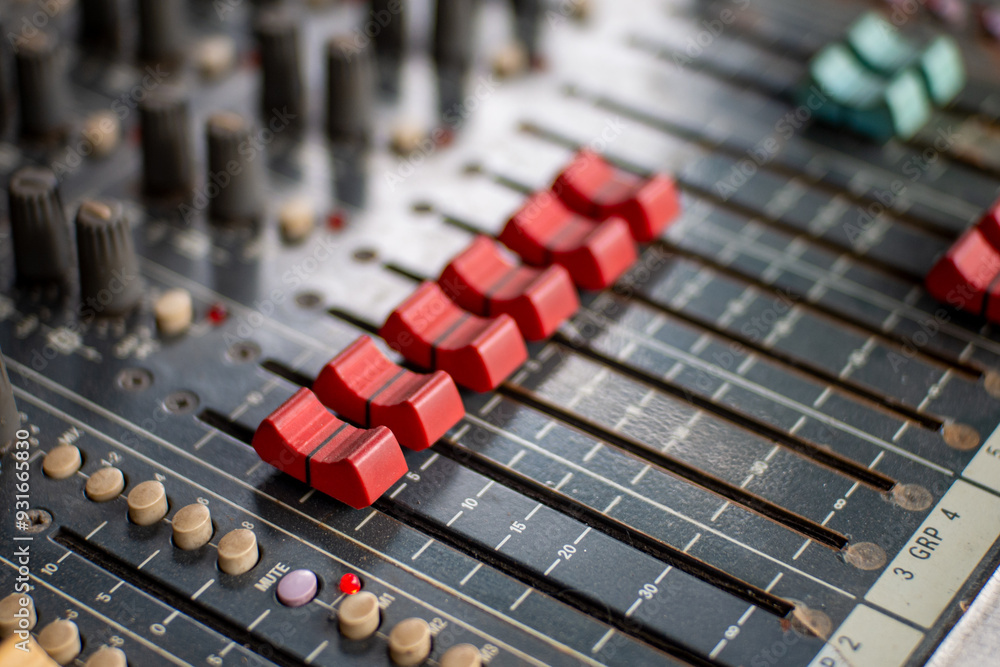 close up of sound system audio mixing equipment close up of sound system audio mixing equipment