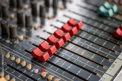close up of sound system audio mixing equipment