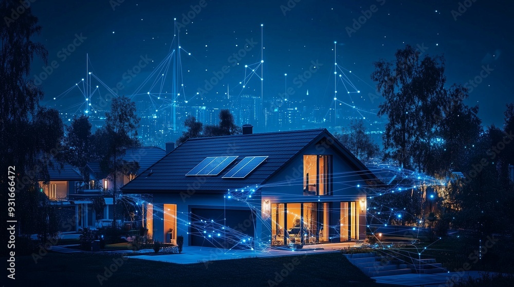 A smart home powered by renewable energy sources such as solar and wind, featuring LED lighting, tracking energy usage and environmental impact, promoting a sustainable future of energy management A smart home powered by renewable energy sources such as solar and wind, featuring LED lighting, tracking energy usage and environmental impact, promoting a sustainable future of energy management